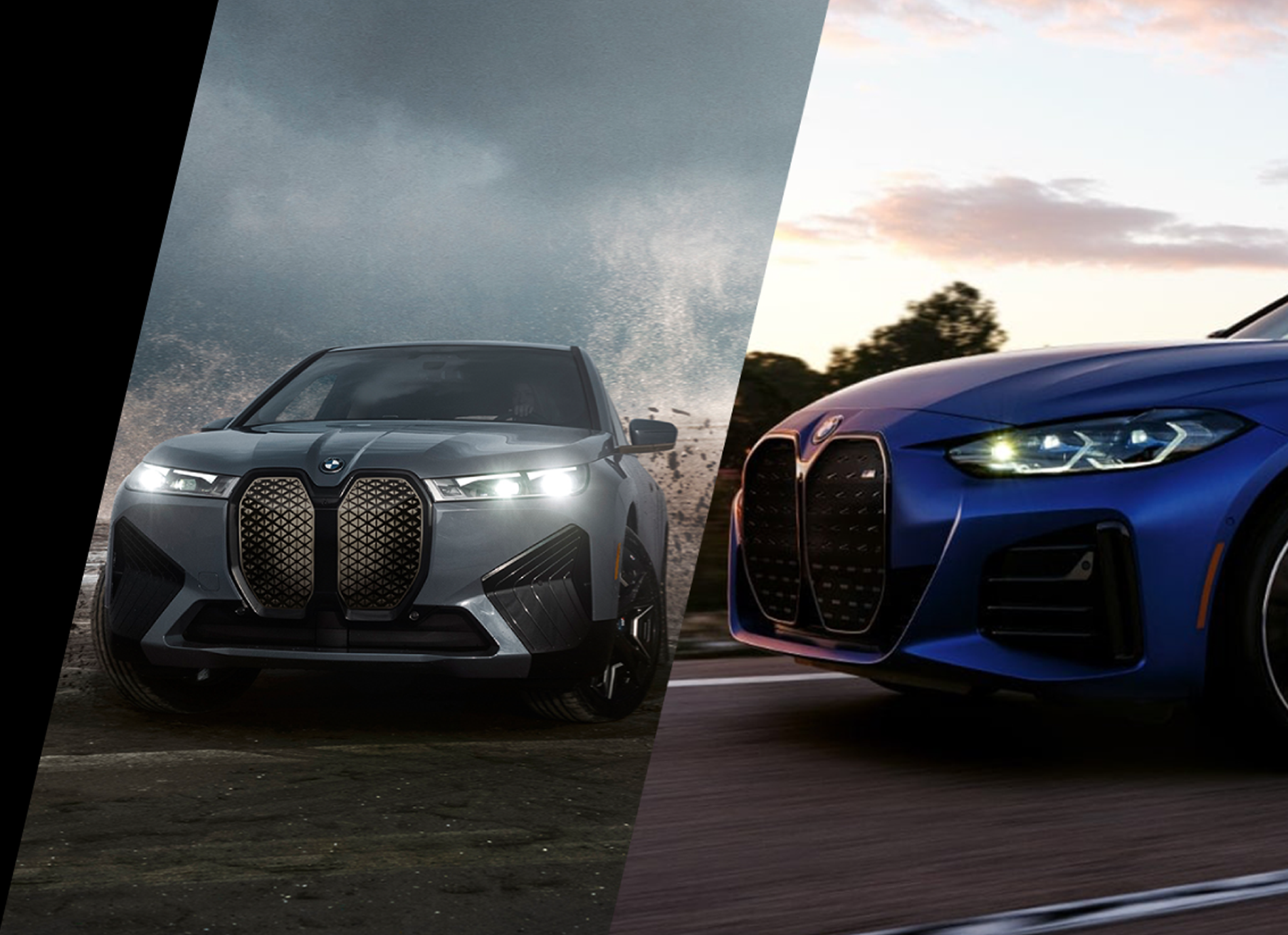 BMW iX driving through mud and BMW i4 front driving on road