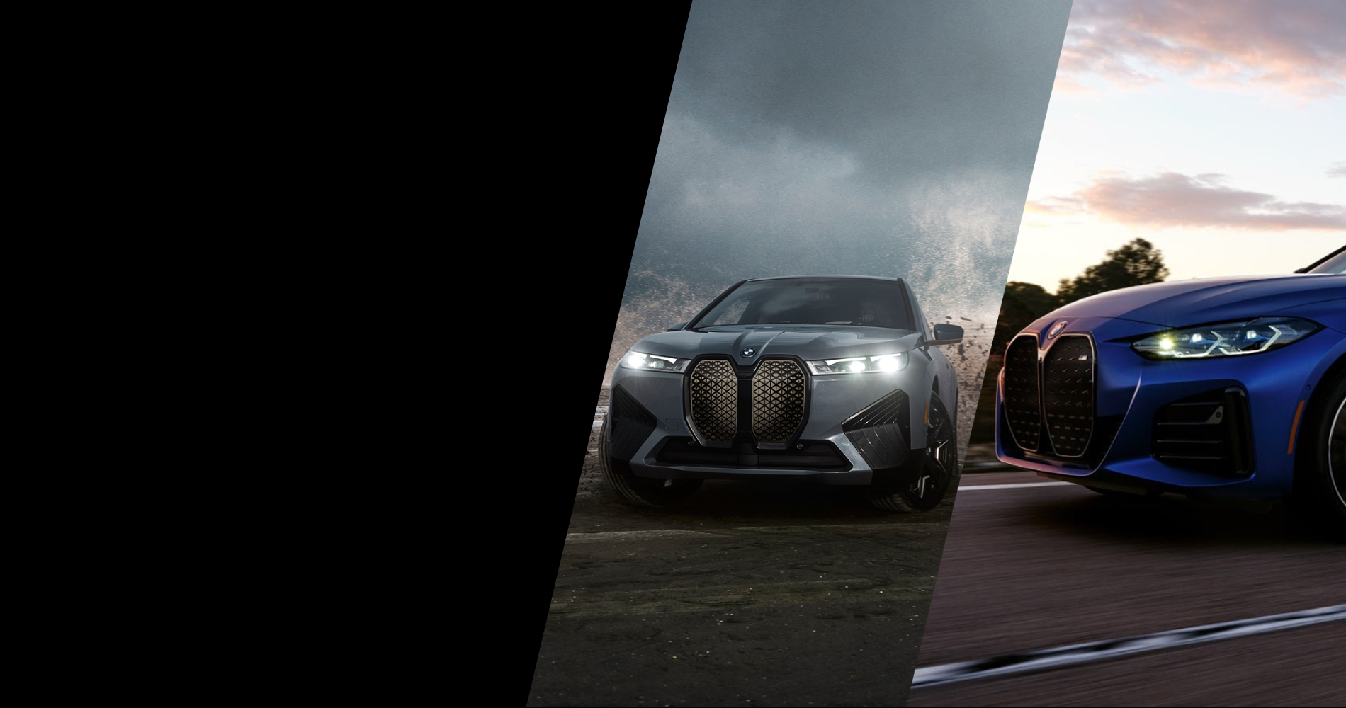 BMW iX driving through mud and BMW i4 front driving on road