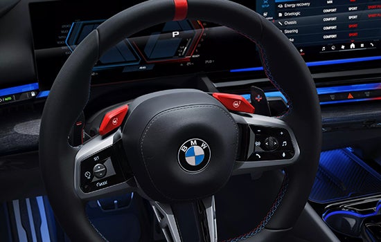 Close-up view of BMW M5 Touring steering wheel. | Flemington BMW in Flemington NJ