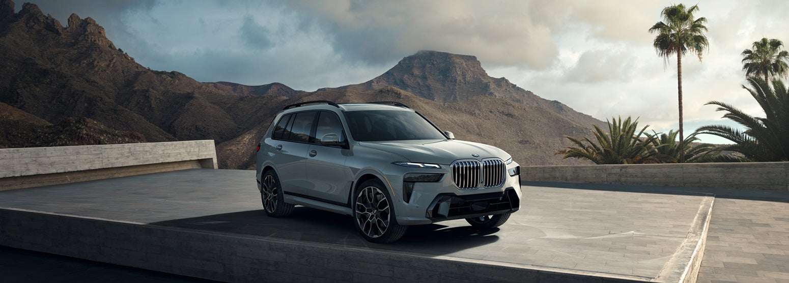 Gray BMW X7 parked with mountain and palm tree background | Flemington BMW in Flemington NJ